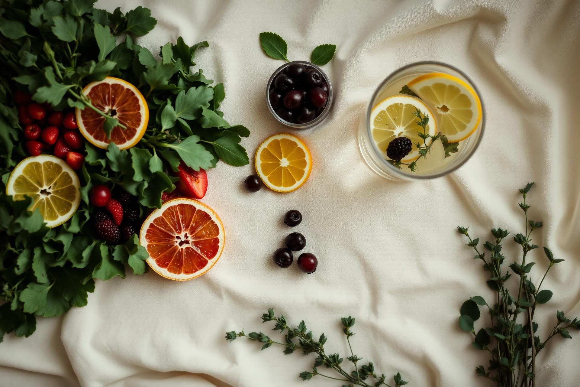 Tropical berry citrus infused water with fresh fruit and greens.