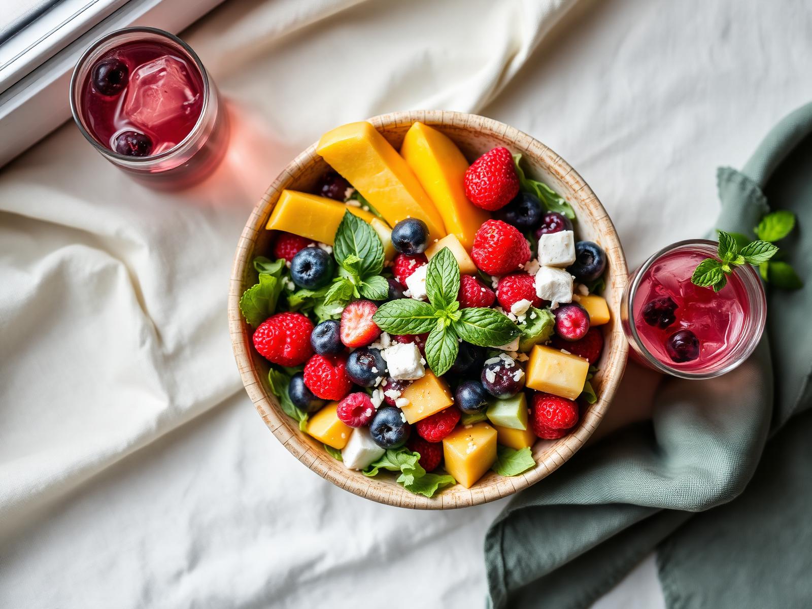 Kelli's Summer Crunch Salad served in a rustic ceramic bowl with berries and mango.